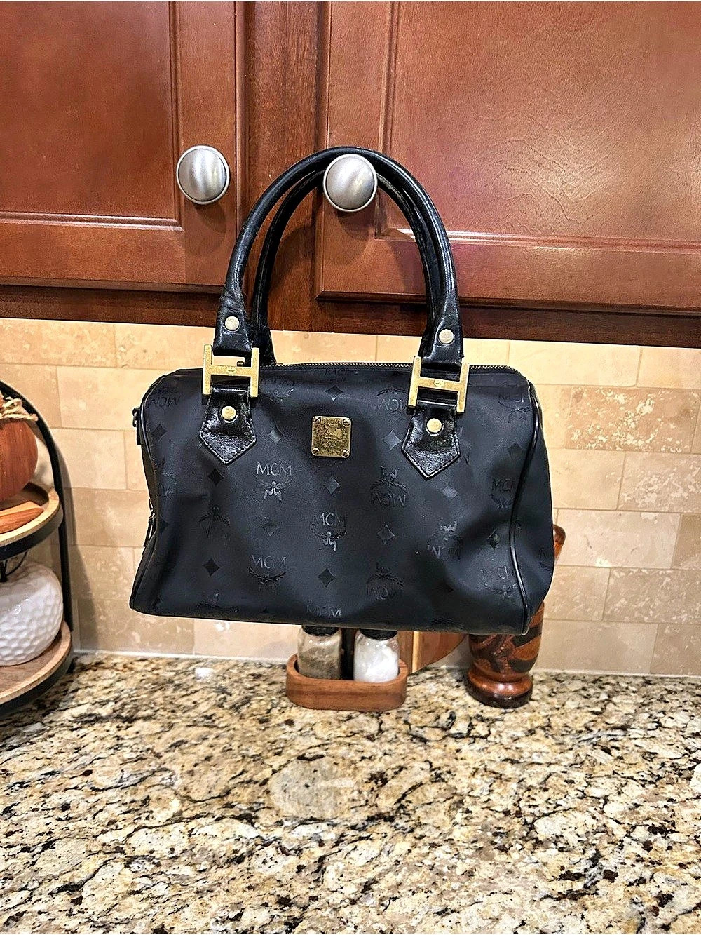 MCM Black Visetos Boston Bag